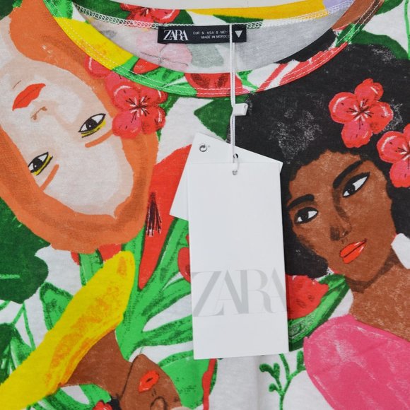 Womens Ladies Faces Floral Cropped Graphic Short Sleeve Tee Shirt NWT - Picture 3 of 7